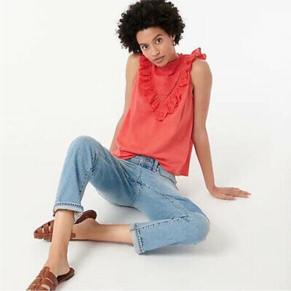 J Crew Eyelet Orange Ruffle Front Tank AW141 Sleeveless XS Sleeveless Shirt 2021 - Picture 1 of 13